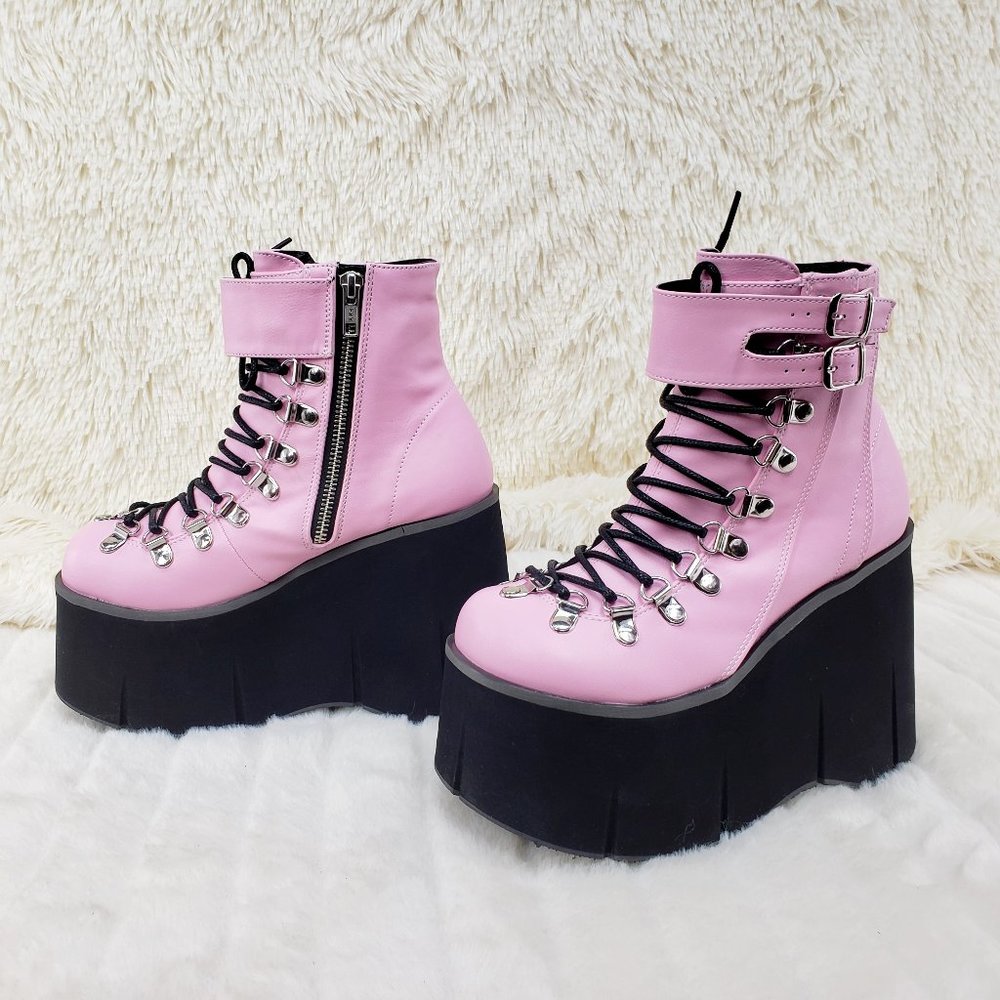 Goth 4 1/2" Platform  Faux Lace-Up Ankle Boot in Pink - Picture 5 of 12